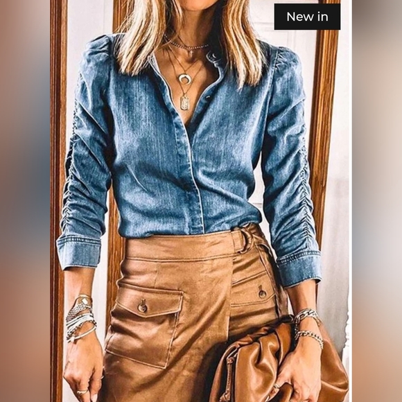 Mazik Tops - Denim Rouched-Sleeve Top